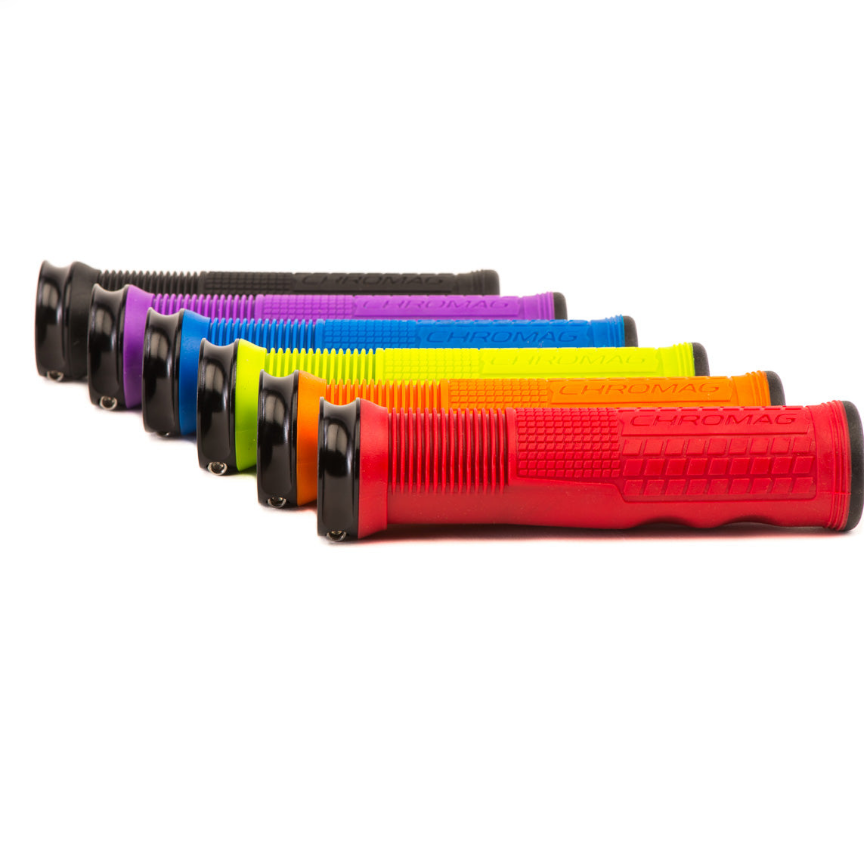 Set of colorful bicycle handlebar grips on a white background