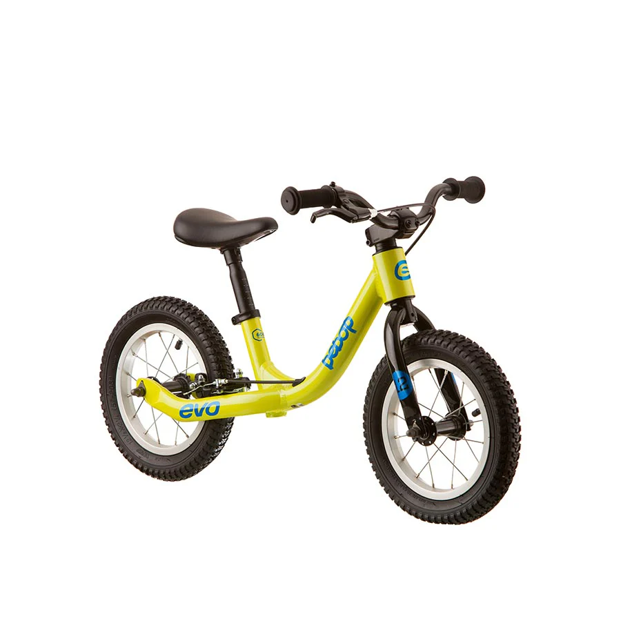 A green Bebop balance bike with black knobby tires, alloy frame, and blue accent details.